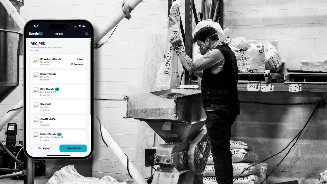 Brewer milling grain with the KettleiQ recipe screen open on a phone