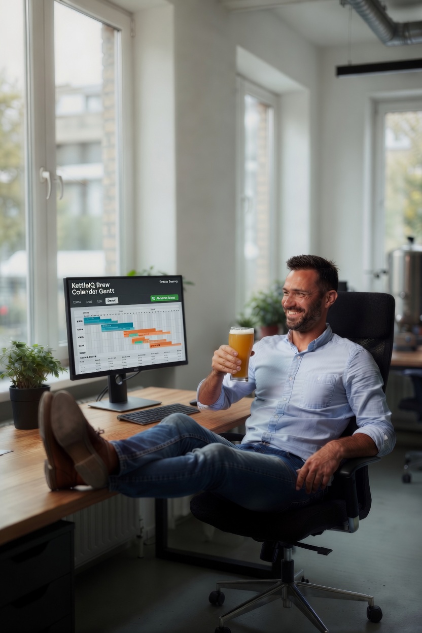 Relaxed brewer with a pint beside a dashboard