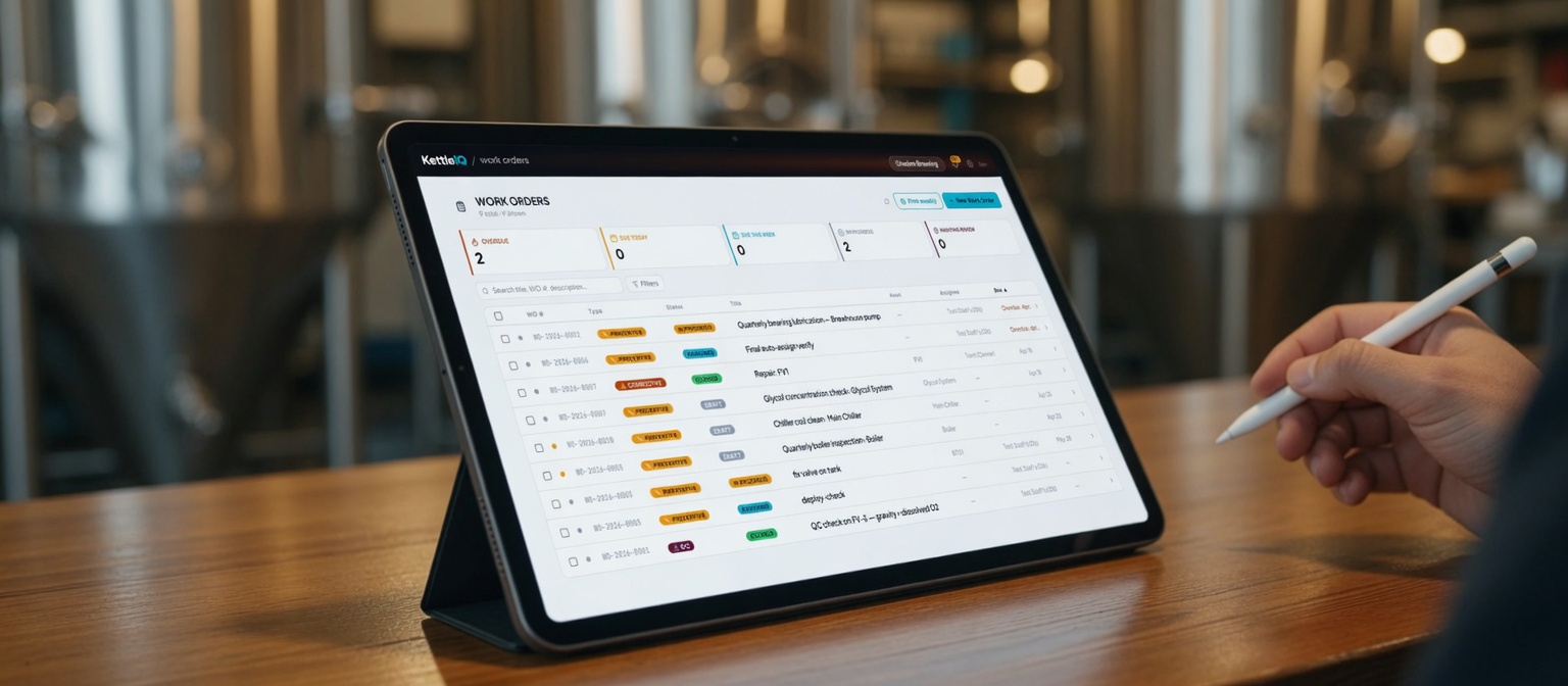 Work orders open on a tablet on the brewhouse floor